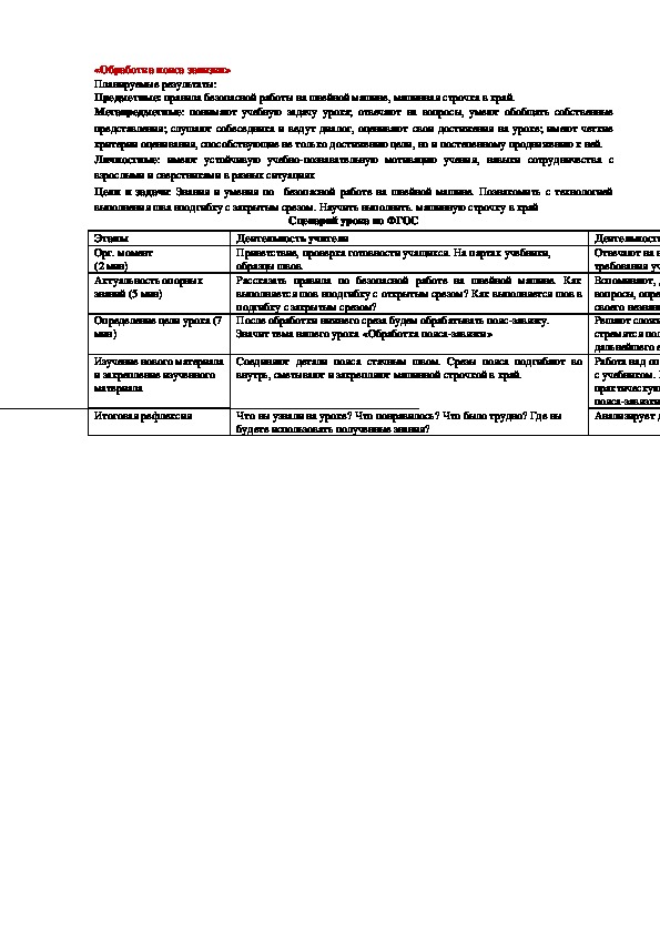 Урок по технологии 5 класс. «Обработка пояса завязки»