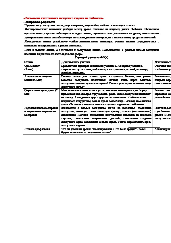 Урок по технологии 5 класс.«Технология изготовления лоскутного изделия по шаблонам»