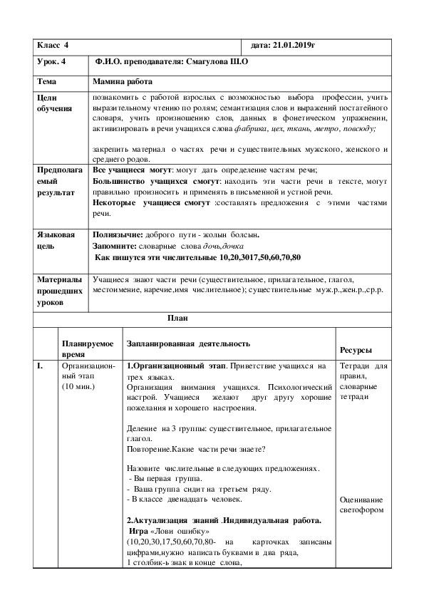 Конспект урока по русскому языку для 4 класса на тему : " Мамина работа".