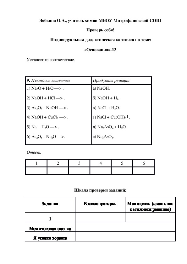Обложка для материала Проверь себя!  Индивидуальная дидактическая карточка по теме: «Основания»-13