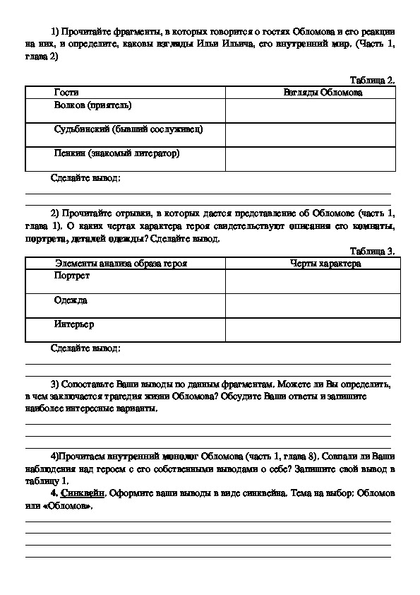 Гости Обломова в романе Обломов: характеристика в таблице