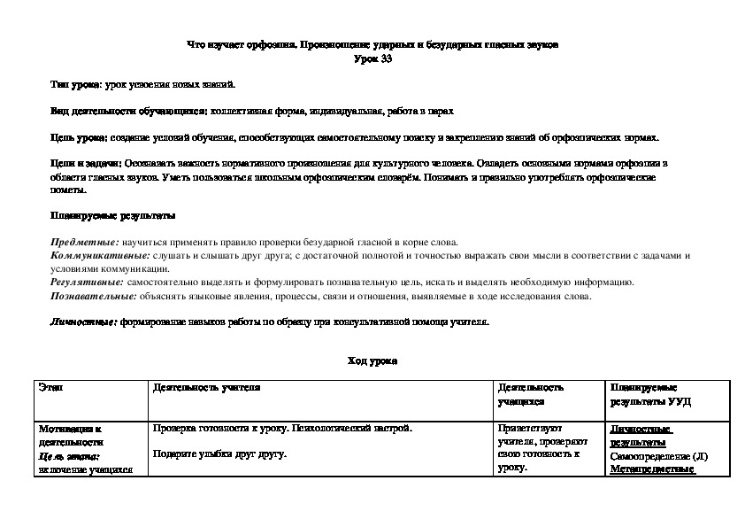 Урок в 5 классе Что изучает орфоэпия. Произношение ударных и без¬ударных глас¬ных звуков