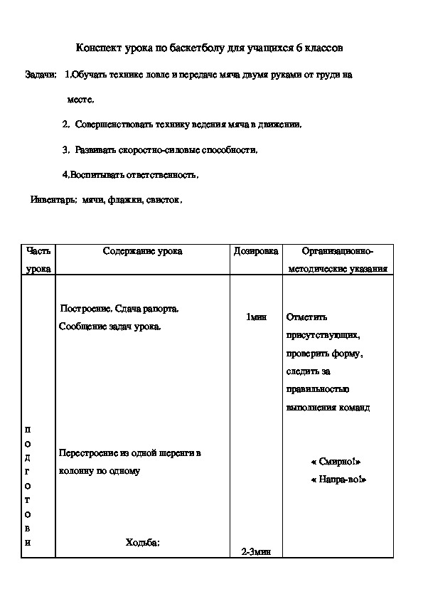 План конспект урока баскетбол