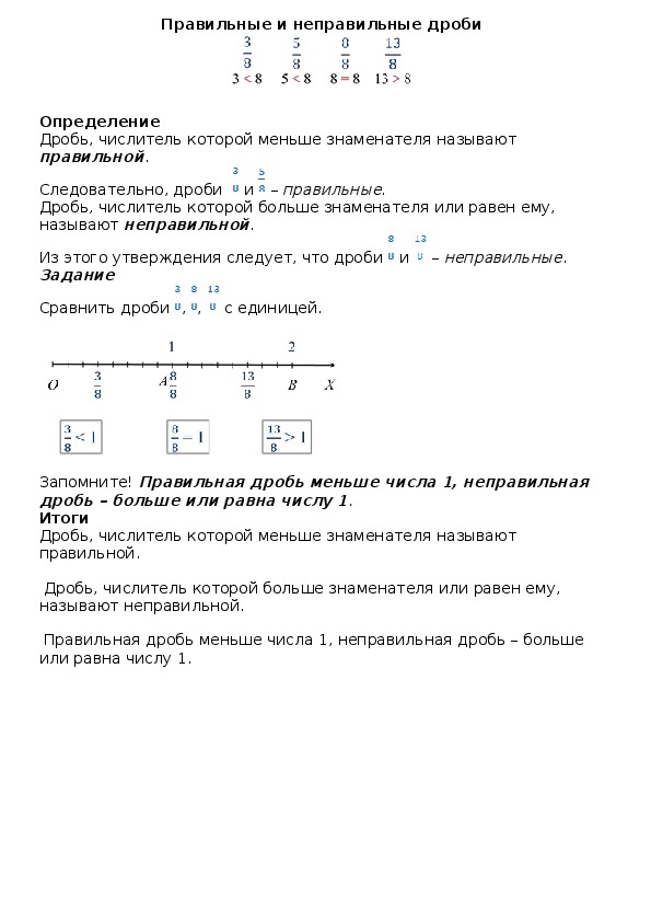 Опорный конспект по математике по теме «Правильные и неправильные дроби» (5 класс)