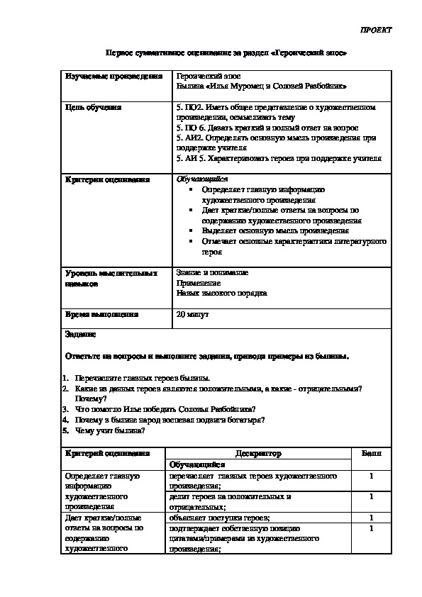 Русская литература "Первое суммативное оценивание за раздел «Героический эпос» (5 класс)