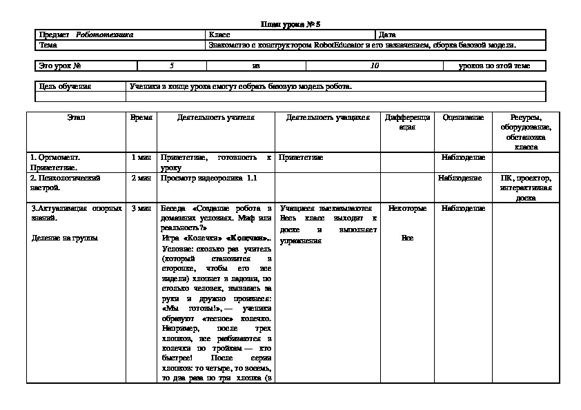 План урока на тему "Знакомство с конструктором RobotEducator и его назначением, сборка базовой модели" по элективному курсу "Робототехника"