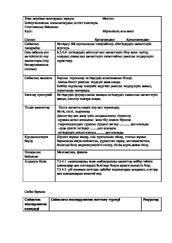 Урок на тему "Негіздер №8 зертханалық тәжірибелер «Негіздердің қасиеттерін зерттеу»." ( Химия)