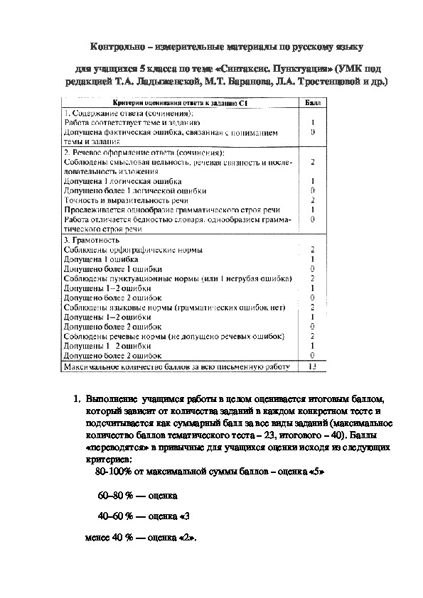 Контрольно – измерительные материалы по русскому языку  для учащихся 5 класса по теме «Синтаксис. Пунктуация»