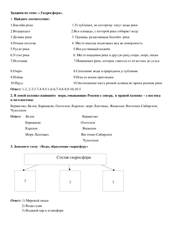 Контрольная работа гидросфера 6 класс с ответами