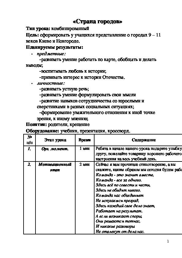 Конспект урока по истории на тему :"Страна городов"Школа России 4 класс