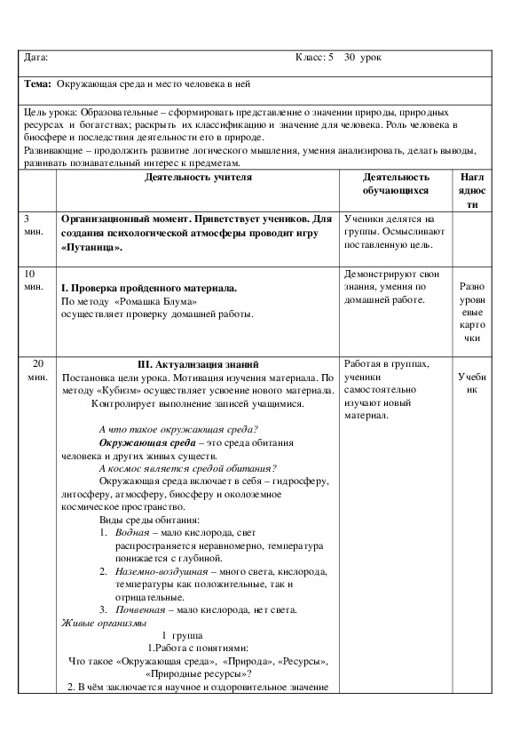 Урок по предмету естествознание "Окружающая среда и место человека в ней" ( 5 класс, естествознание)