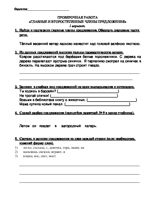 Проверочная работа по русскому языку