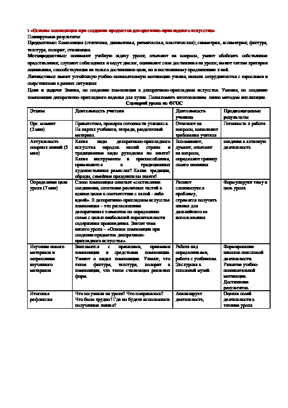 Урок по технологиии 5 класс.  «Основы композиции при создании предметов декоративно-прикладного искусства»