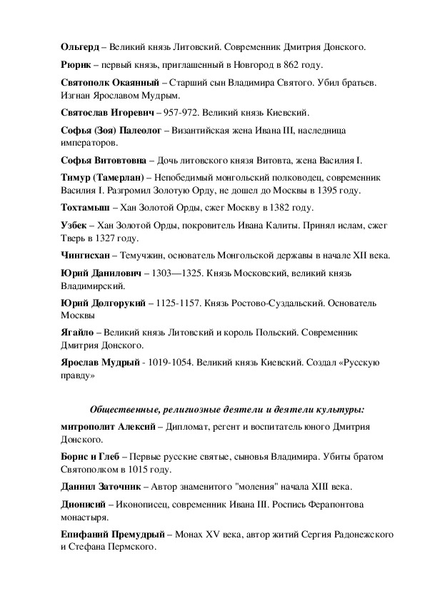 Основные термины и даты по курсу История России  6 класс.