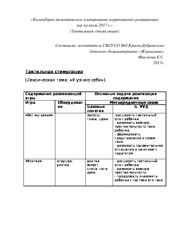 Обложка для материала «Календарно¬ тематическое планирование коррекционно-развивающих игр на июль 2017 г.» (Тактильная стимуляция)