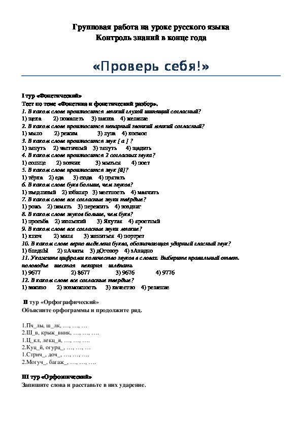 Русский язык 10 класс Проверь себя! (проверка знаний в конце года)