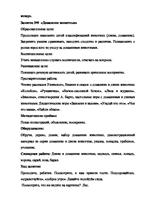 Обложка для материала Конспект занятия январь	Занятие №9  «Домашние животные»