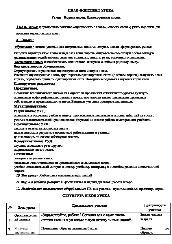 Обложка для материала Конспект урока. Корень слова. Однокоренные слова.( 3 класс)