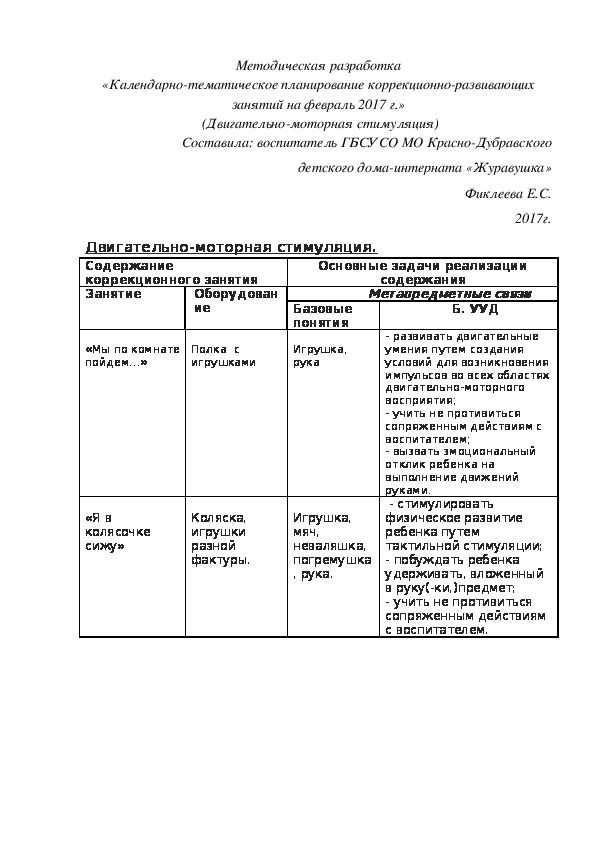 «Календарно-тематическое планирование коррекционно-развивающих занятий на февраль 2017 г.»  (Двигательно-моторная стимуляция)