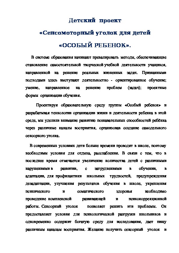 Социальный проект "Сенсомоторный уголок"