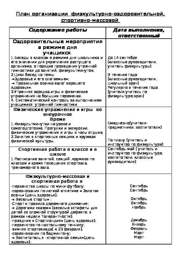 Обложка для материала План организации  физкультурно-оздоровительной, спортивно-массовой