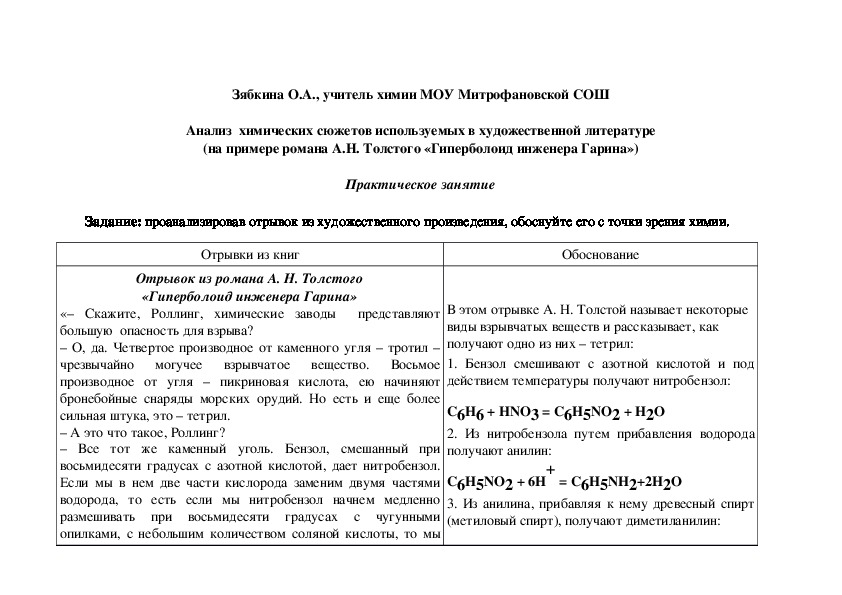 Обложка для материала Анализ  химических сюжетов используемых в художественной литературе (на примере романа А.Н. Толстого «Гиперболоид инженера Гарина»)