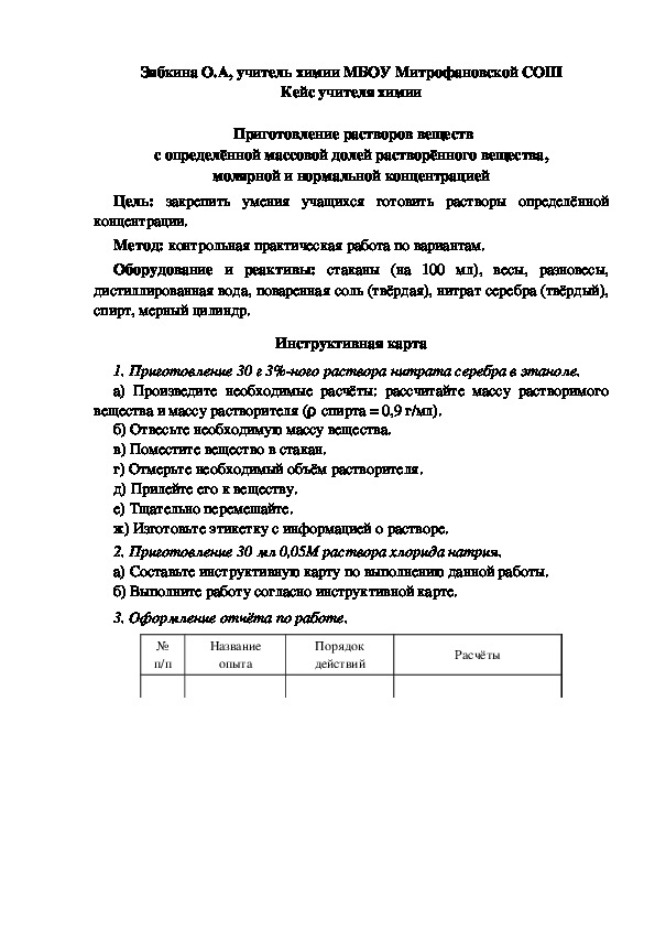 Обложка для материала Кейс учителя химии. Приготовление растворов веществ с определённой массовой долей растворённого вещества, молярной и нормальной концентрацией.