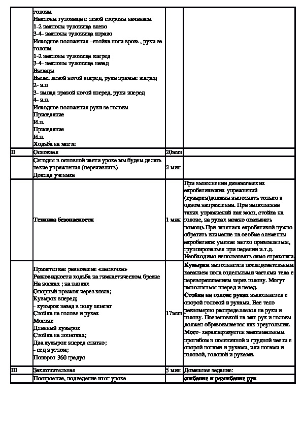 План конспект урока гимнастики