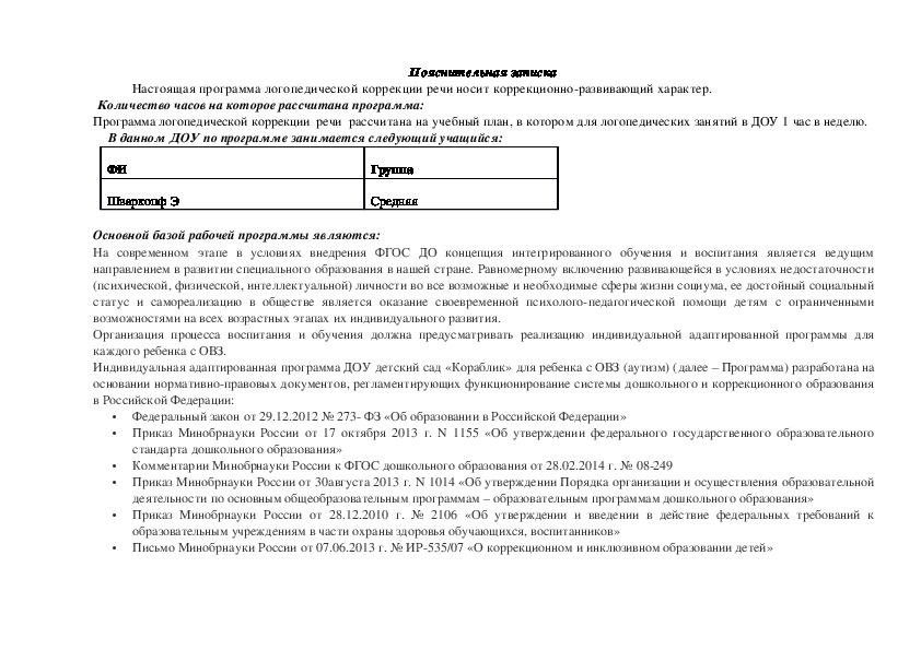 Рабочая программа логопедической коррекции для  дошкольного образования (РАС)