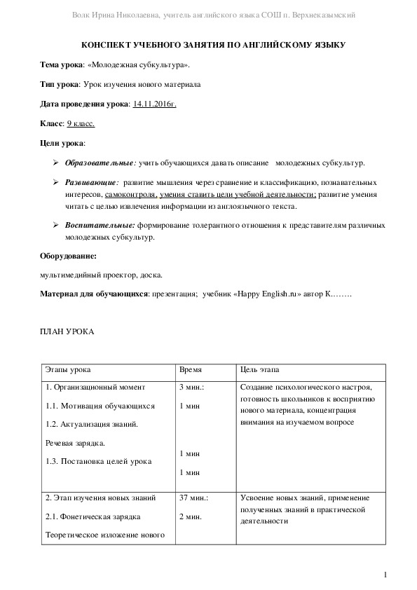 КОНСПЕКТ УЧЕБНОГО ЗАНЯТИЯ ПО АНГЛИЙСКОМУ ЯЗЫКУ : «Молодежная субкультура». 9 класс.