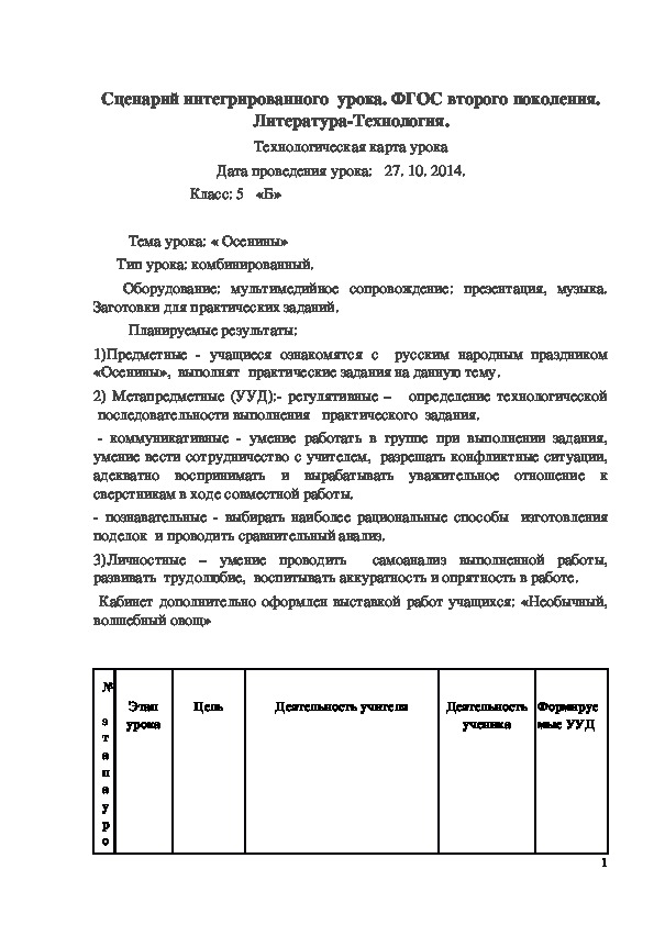 Обложка для материала Технологическая карта "Осенины" 5 класс