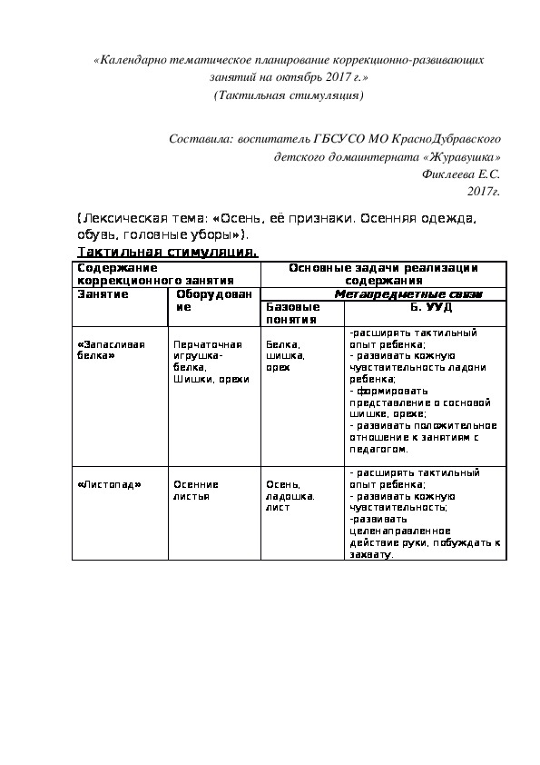 «Календарно¬ тематическое планирование коррекционно-развивающих занятий на октябрь 2017 г.» (Тактильная стимуляция)