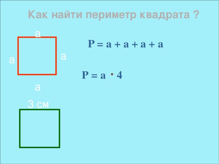Как найти площадь и периметр 4 класс. Площадь периметр квадрата 3 класс математика.