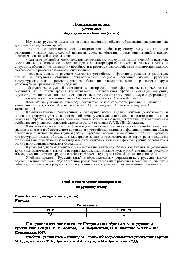 Рабочая программа по русскому языку: индивидуальное обучение в 6 классе