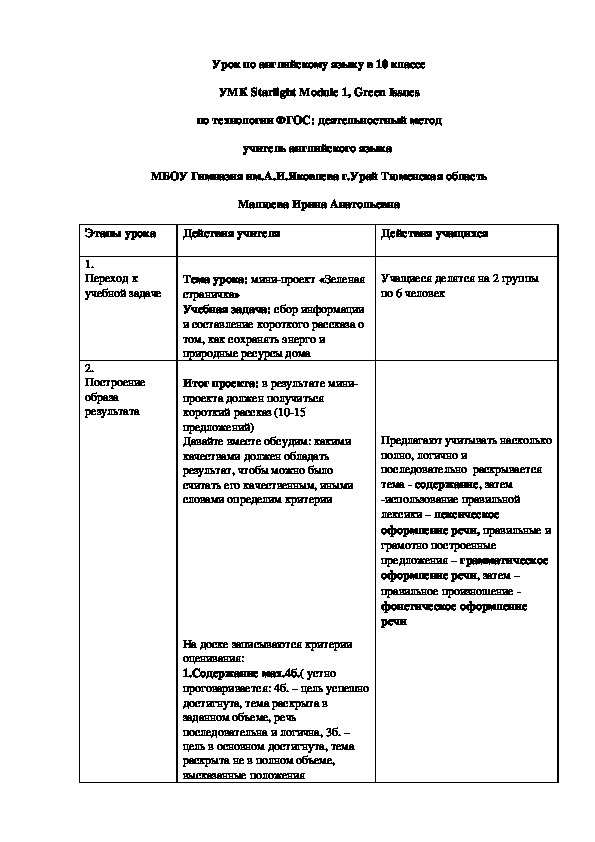 Урок английского языка по современной образовательной технологии ФГОС: деятельностный метод