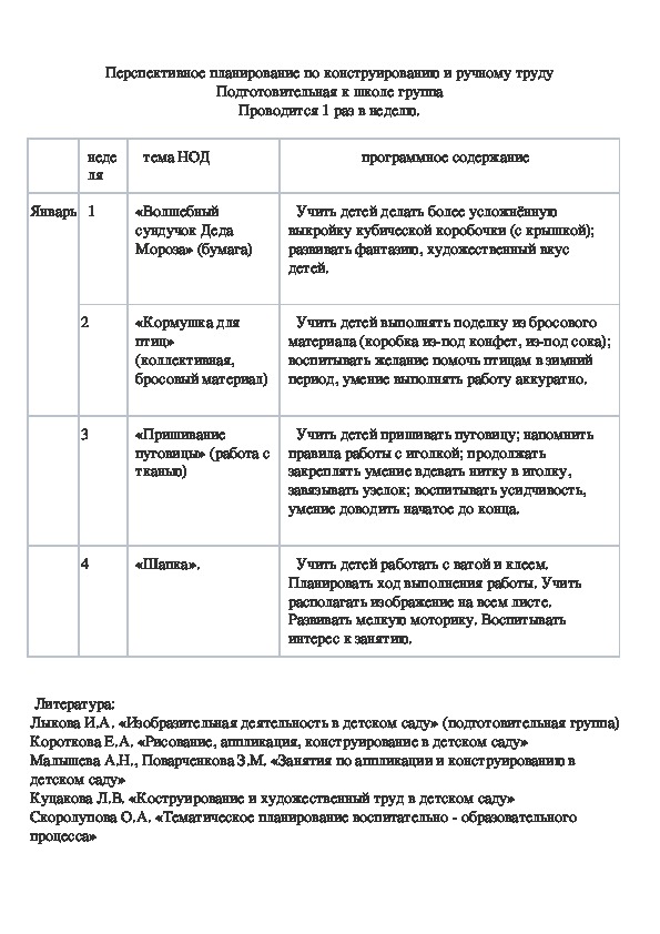 Перспективный план конструирование младшая группа