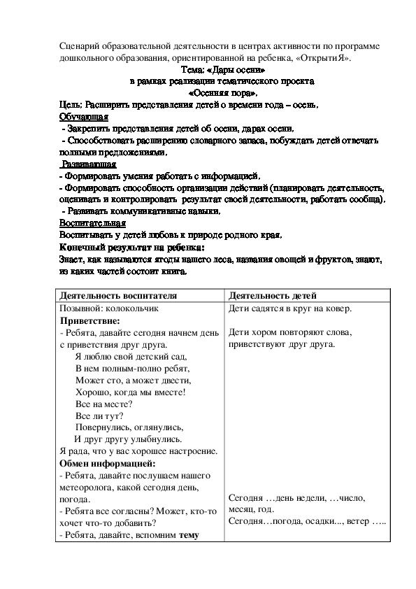 Обложка для материала Сценарий образовательной деятельности в центрах активности по программе дошкольного образования, ориентированной на ребенка, «ОткрытиЯ». Тема: «Дары осени» в рамках реализации тематического проекта  «Осенняя пора».