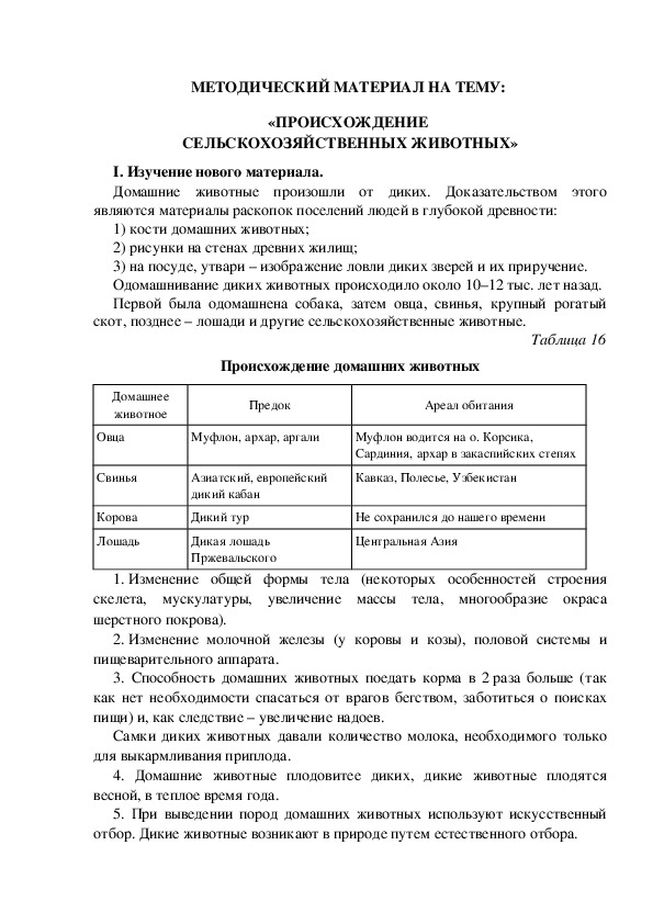 МЕТОДИЧЕСКИЙ МАТЕРИАЛ НА ТЕМУ:  «ПРОИСХОЖДЕНИЕ  СЕЛЬСКОХОЗЯЙСТВЕННЫХ ЖИВОТНЫХ»