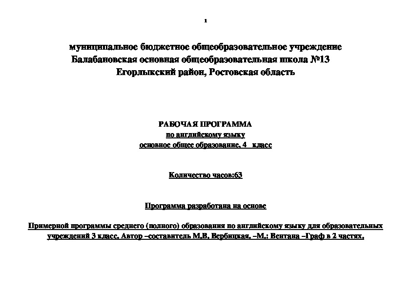 Рабочая программа по английскому языку 4 класс