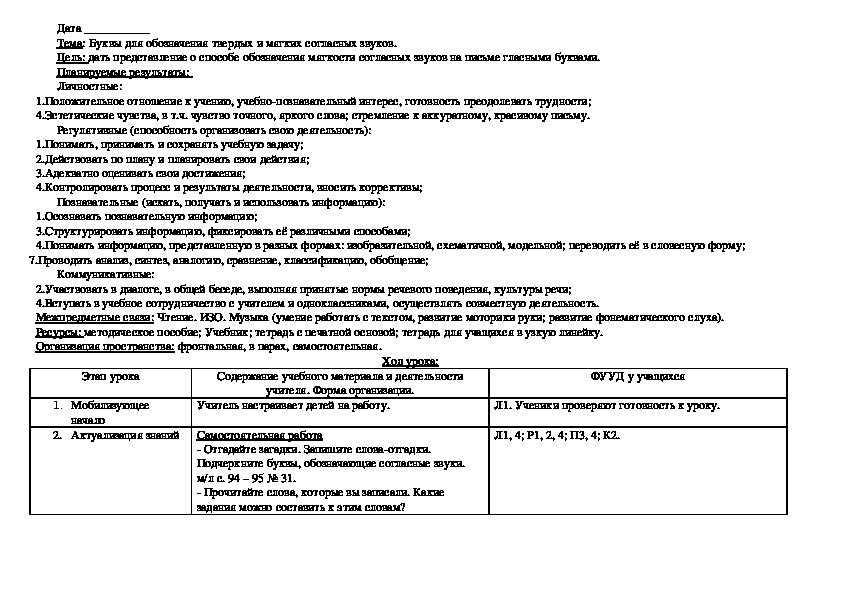 Конспект урока по русскому языку "Буквы для обозначения твердых и мягких согласных звуков"(1 класс)