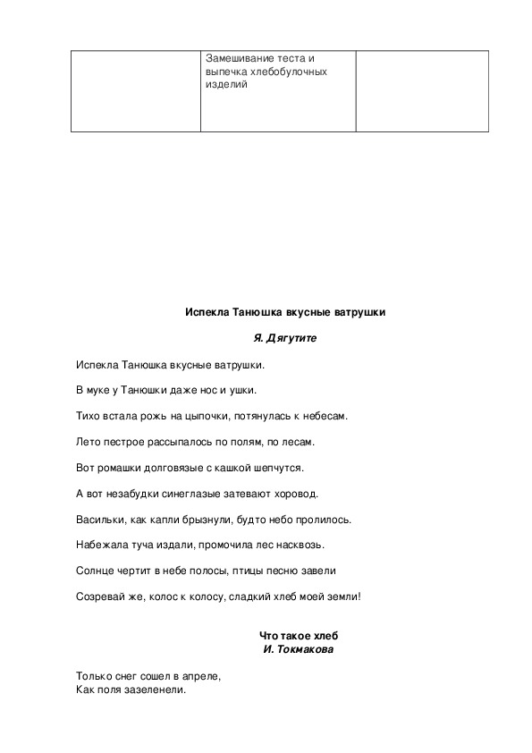 Тематическое планирование тема хлеб