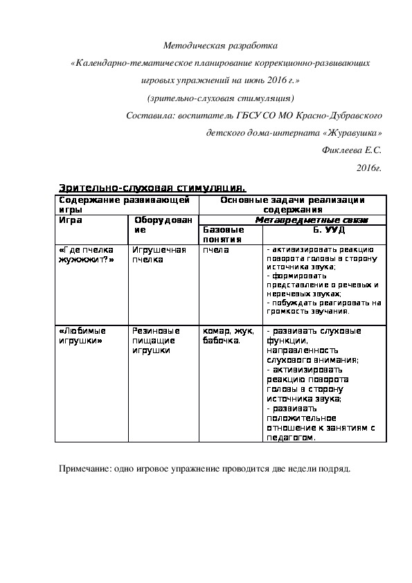 Методическая разработка «Календарно-тематическое планирование коррекционно-развивающих игровых упражнений на июнь 2016 г.» (зрительно-слуховая стимуляция)