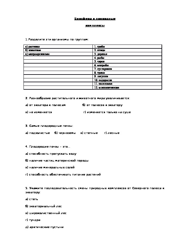 Тест по географии "Биосфера и природные комплексы"