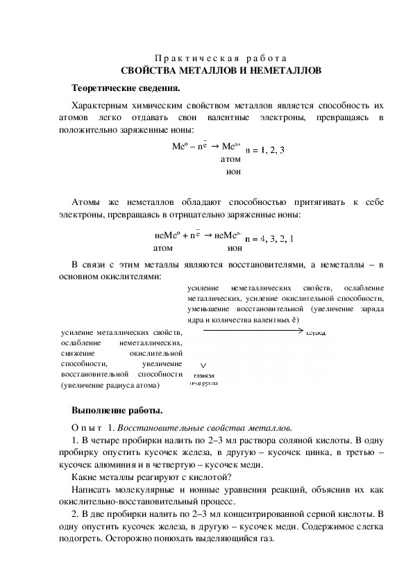 П р а к т и ч е с к а я   р а б о т а  СВОЙСТВА МЕТАЛЛОВ И НЕМЕТАЛЛОВ