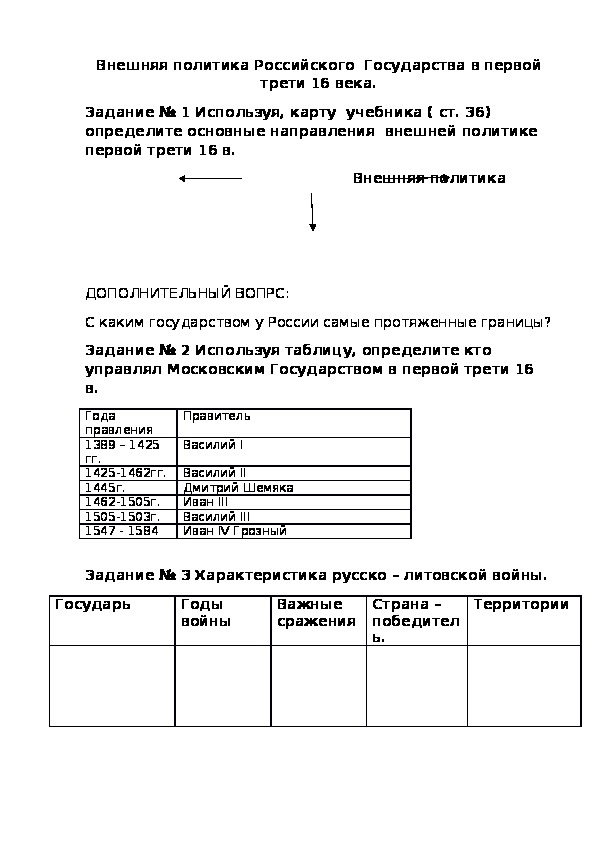 Урок для 7 класса Тема "Внешняя политика Российского  Государства в первой трети 16 века."