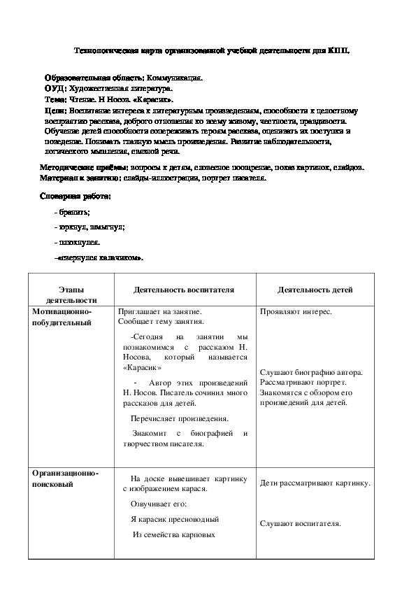 Обложка для материала Технологическая карта организованной учебной деятельности для КПП. Образовательная область: Коммуникация. ОУД: Художественная литература. Тема: Чтение рассказа Н. Носова "Карасик"