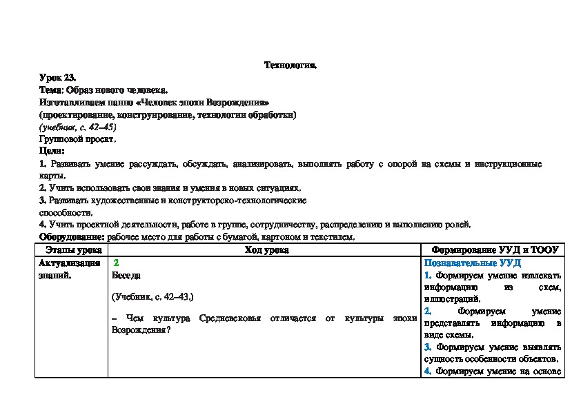 Тема: Образ нового человека. Изготавливаем панно «Человек эпохи Возрождения» (проектирование, конструирование, технологии обработки)