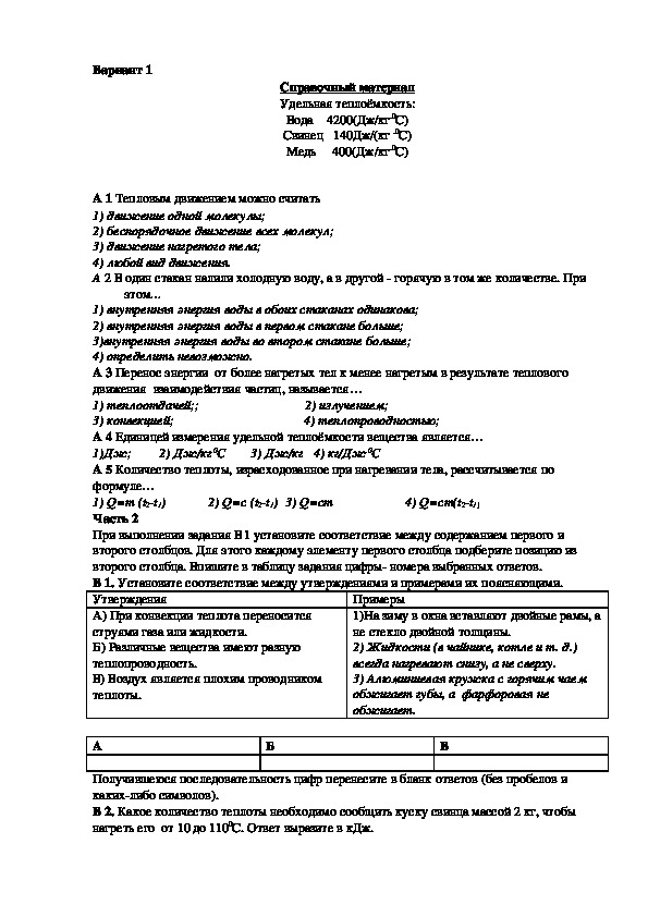 Контрольная работа по теме тепловые явления ответы. Контрольная работа по теме тепловые явления. Контрольная работа № 1 по теме 