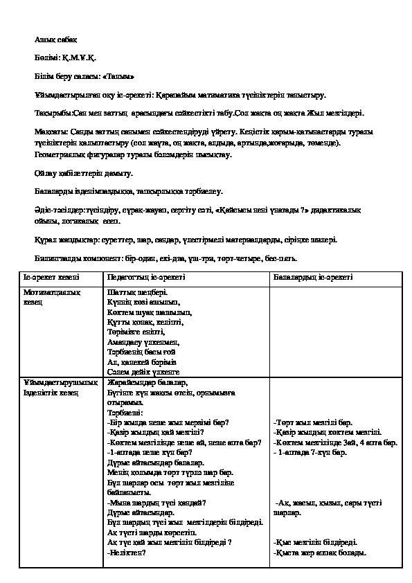 Обложка для материала Техкарта пр матиматика негыздерын қалыптастыру "Сан мен заттың  арасындағы сәйкестікті табу.Сол жақта оң жақта Жыл мезгілдері."