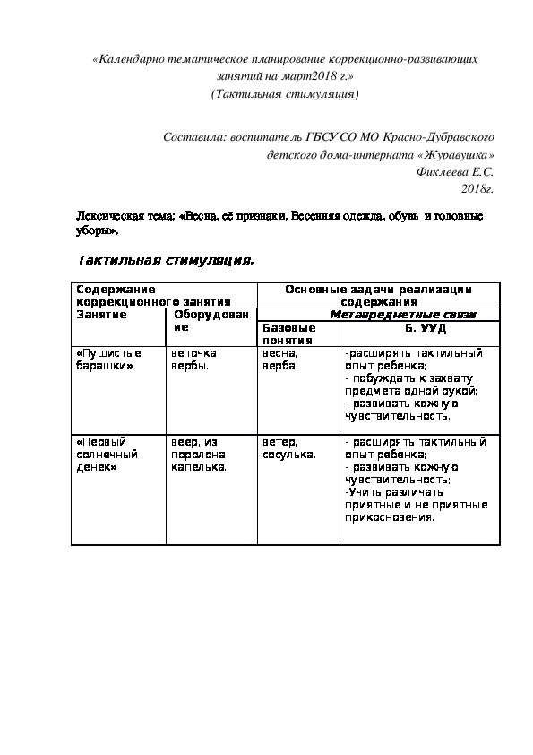 «Календарно¬ тематическое планирование коррекционно¬-развивающих занятий на март2018 г.» (Тактильная стимуляция)